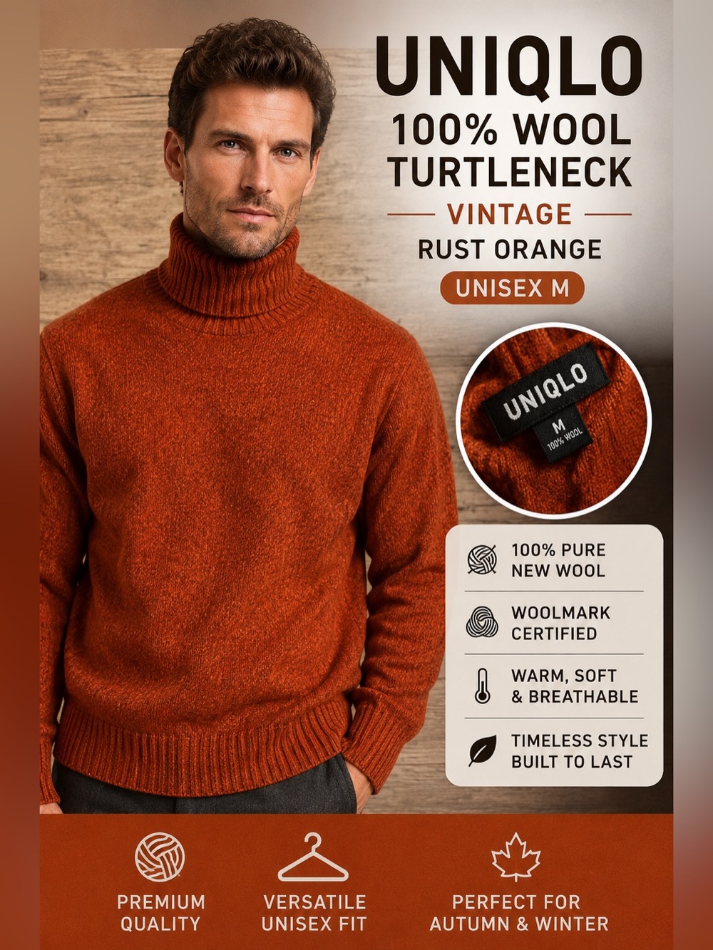 Vintage OLD UNIQLO 100% Pure Wool Turtleneck Sweater Rust Orange Unisex M